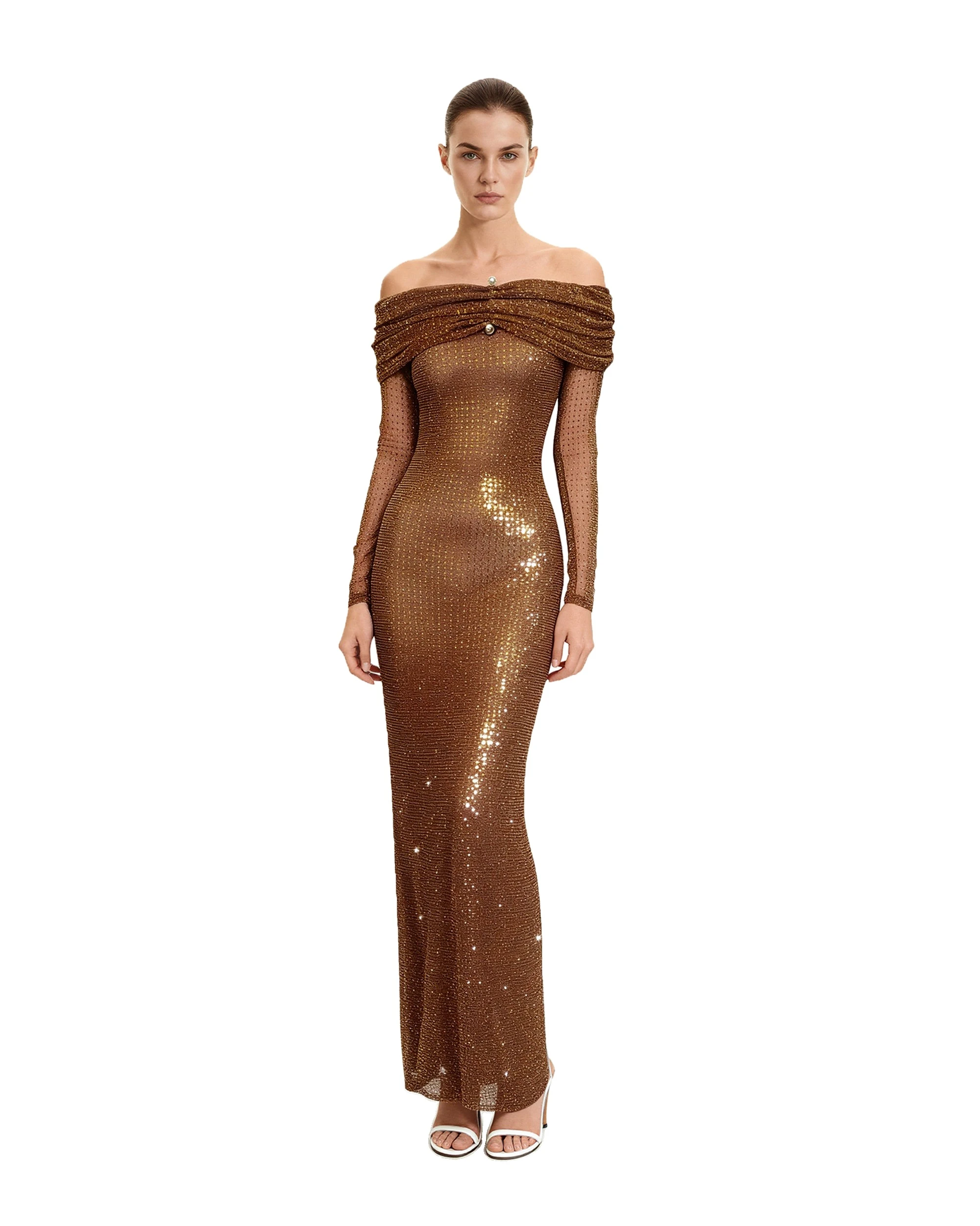 JW PEI maxi dress | Los Angeles Vegan Fashion Dresses | Luxury Shoes JW PEI Rhinestone Mesh Off-Shoulder Maxi Dress