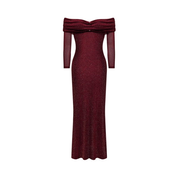 JW PEI Rhinestone Mesh Off-Shoulder Maxi Dress