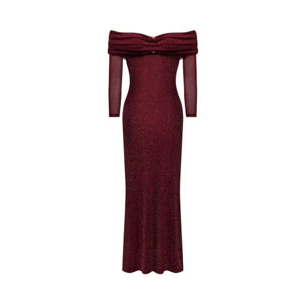 JW PEI Rhinestone Mesh Off-Shoulder Maxi Dress