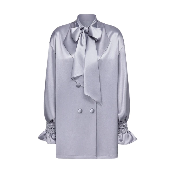 Ribbon Tie Balloon Sleeve Longline Blazer in Silver