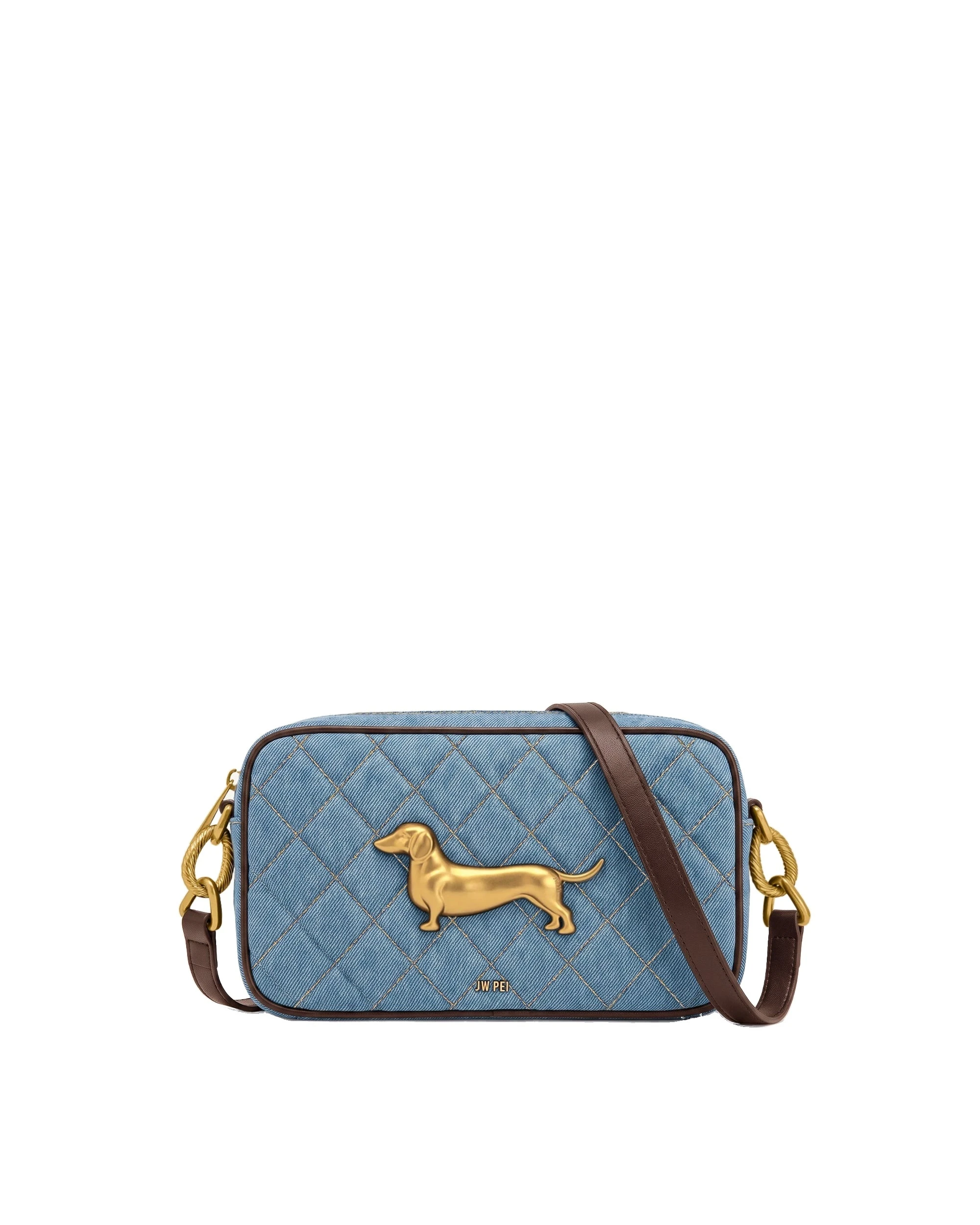 JW PEI Riley Dachshund Quilted Shoulder Bag in Light Blue Denim | Shoulder & Crossbody Bags | Luxury Shoes JW PEI Riley Dachshund Quilted Shoulder Bag in Light Blue Denim
