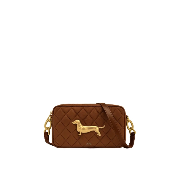 JW PEI Riley Faux Suede Dachshund Quilted Shoulder Bag in Caramel Brown
