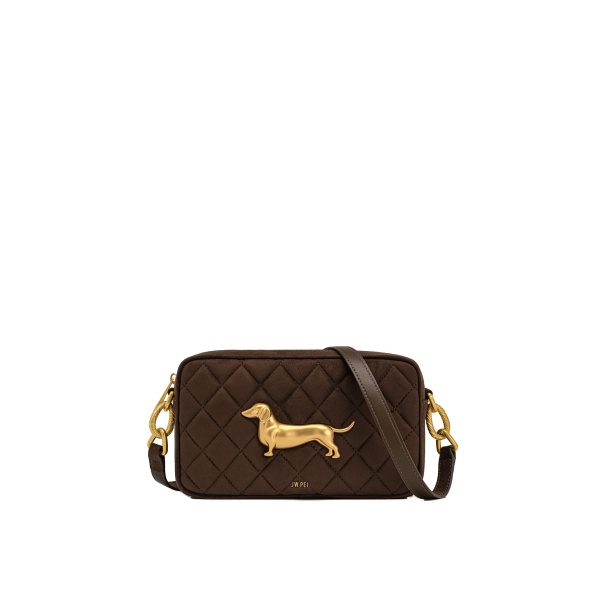 JW PEI Riley Faux Suede Dachshund Quilted Shoulder Bag in Dark Brown