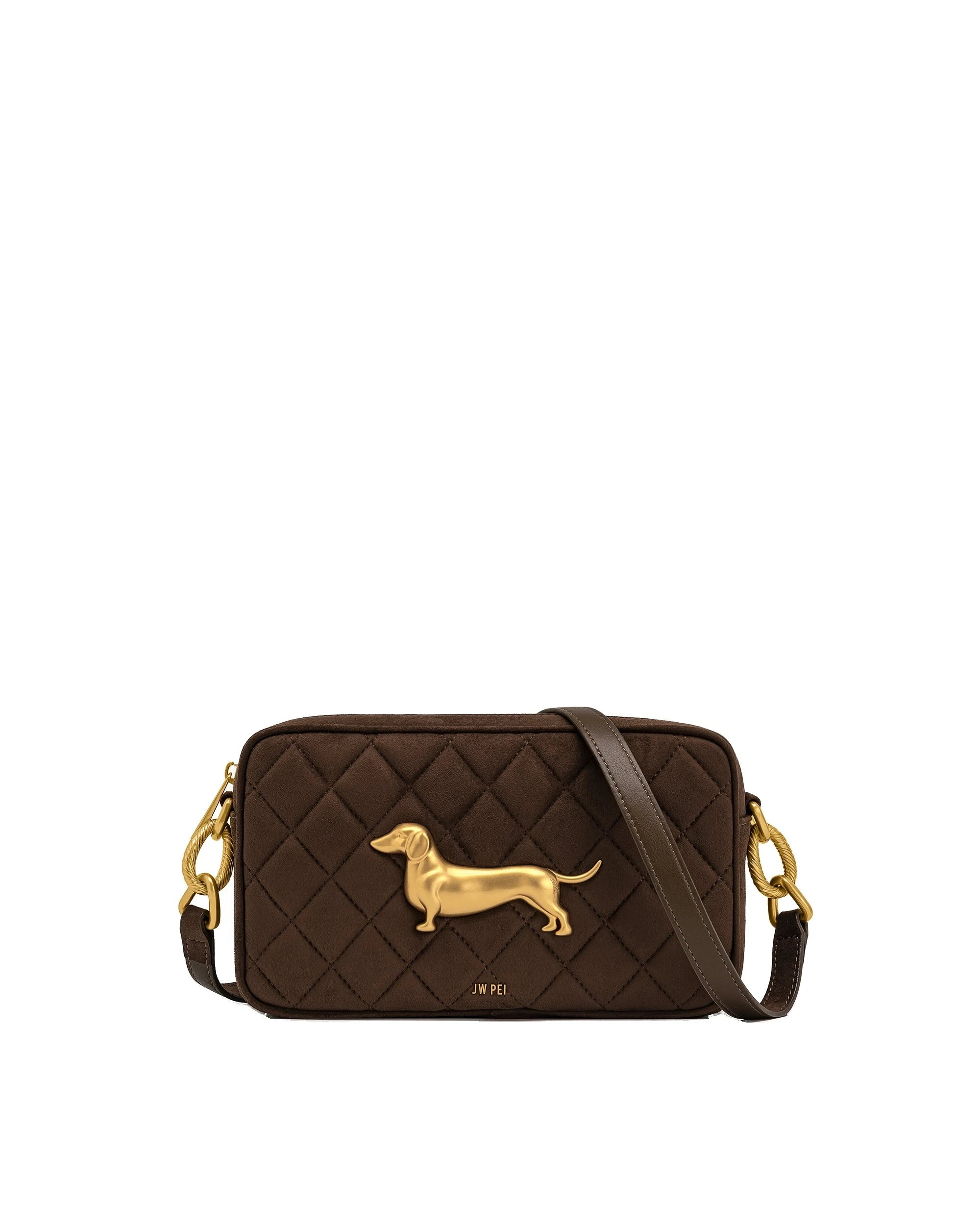 JW PEI Riley Faux Suede Dachshund Quilted Shoulder Bag in Dark Brown | Shoulder & Crossbody Bags | Luxury Shoes JW PEI Riley Faux Suede Dachshund Quilted Shoulder Bag in Dark Brown