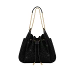JW PEI Rowan Artificial Crystal Ruched Drawstring Chain Bucket Bag in Obsidian