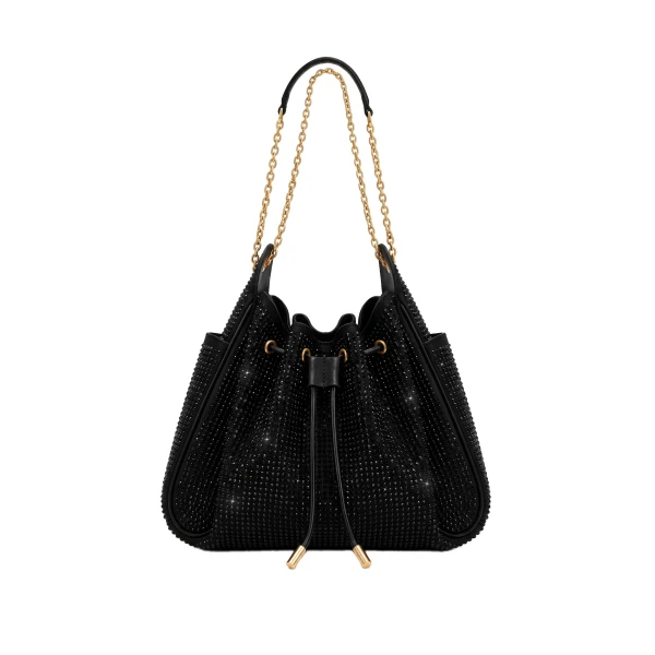 JW PEI Rowan Artificial Crystal Ruched Drawstring Chain Bucket Bag in Obsidian