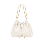 JW PEI Rowan Faux Ostrich Grain Ruched Drawstring Chain Bucket Bag in Cream White