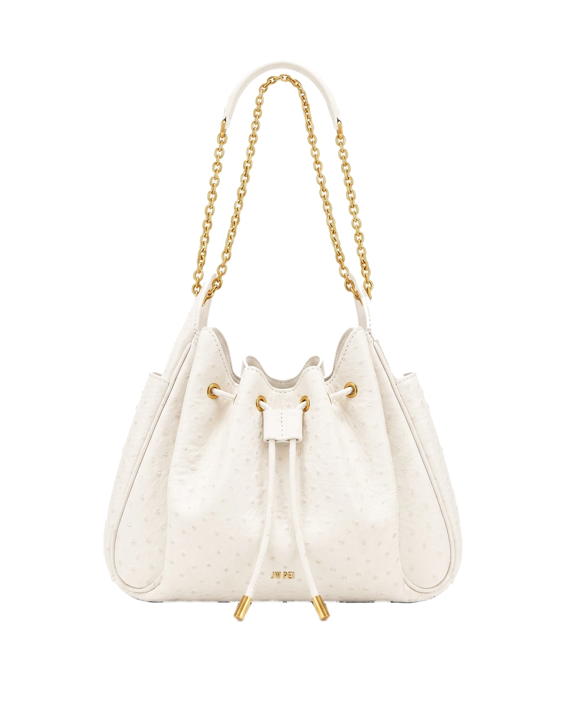 JW PEI Rowan Faux Ostrich Grain Ruched Drawstring Chain Bucket Bag in Cream White | Bucket Bags | Luxury Shoes JW PEI Rowan Faux Ostrich Grain Ruched Drawstring Chain Bucket Bag in Cream White