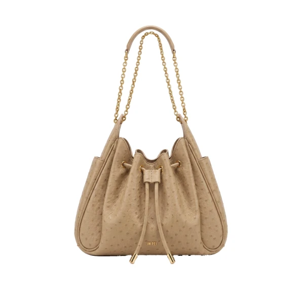 JW PEI Rowan Faux Ostrich Grain Ruched Drawstring Chain Bucket Bag in Oak Brown