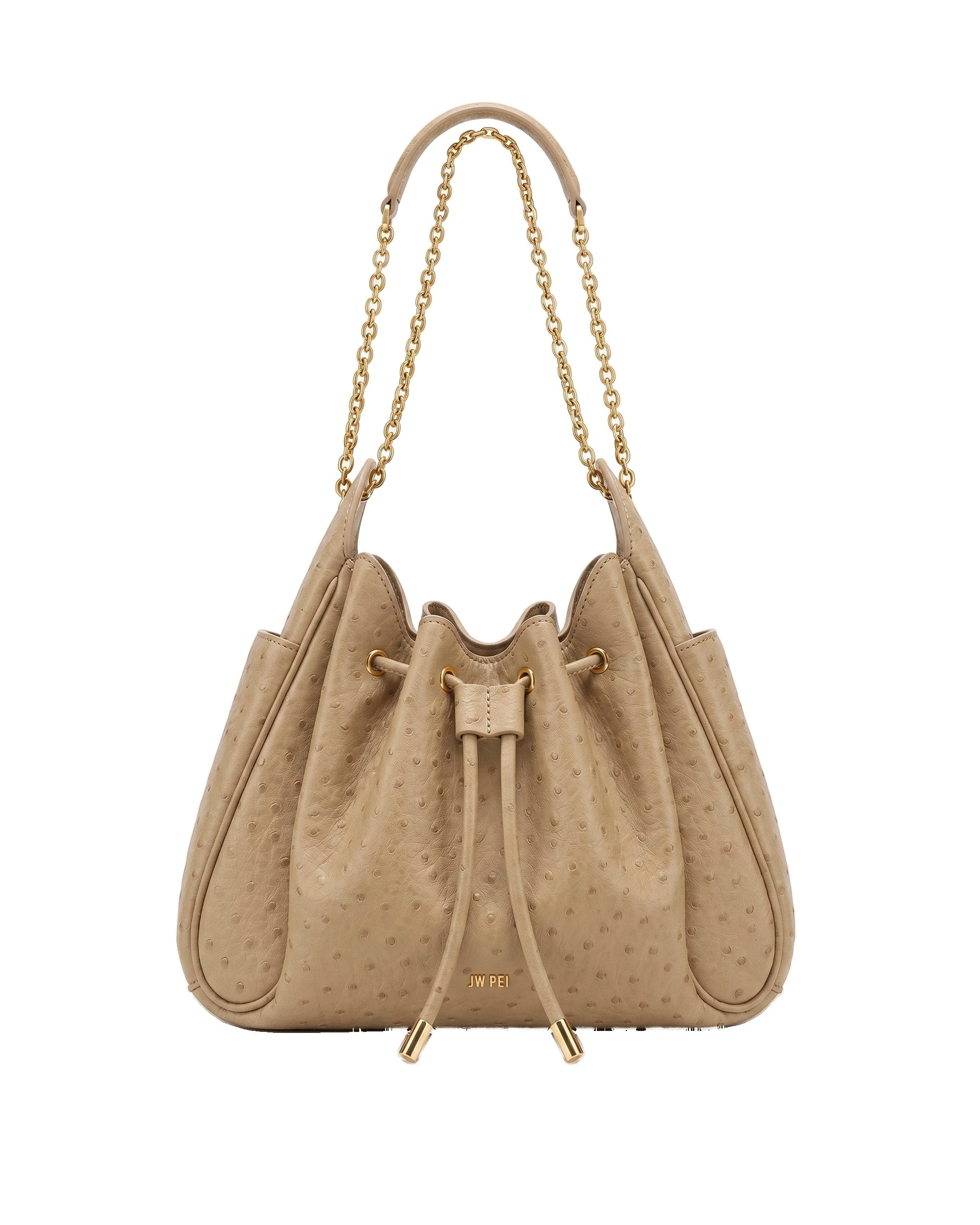 JW PEI Rowan Faux Ostrich Grain Ruched Drawstring Chain Bucket Bag in Oak Brown | Bucket Bags | Luxury Shoes JW PEI Rowan Faux Ostrich Grain Ruched Drawstring Chain Bucket Bag in Oak Brown