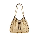 JW PEI Rowan Faux Straw Ruched Drawstring Chain Bucket Bag in Brown