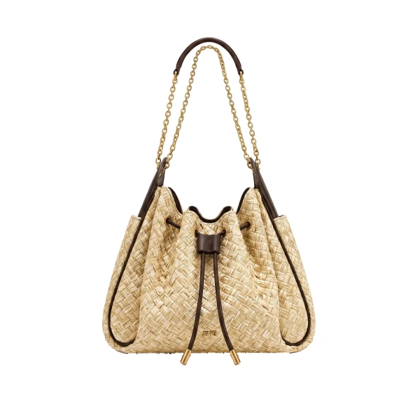 JW PEI Rowan Faux Straw Ruched Drawstring Chain Bucket Bag in Brown