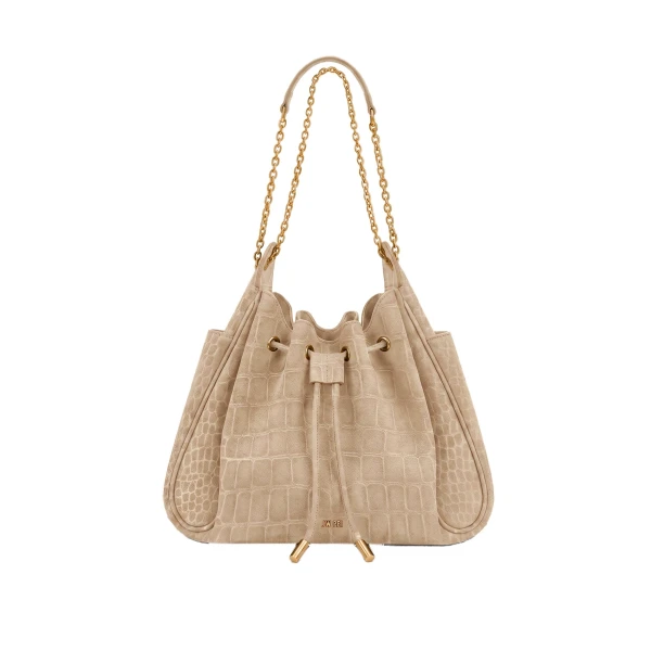 JW PEI Rowan Faux Suede Drawstring Chain Bucket Bag in Camel Croc