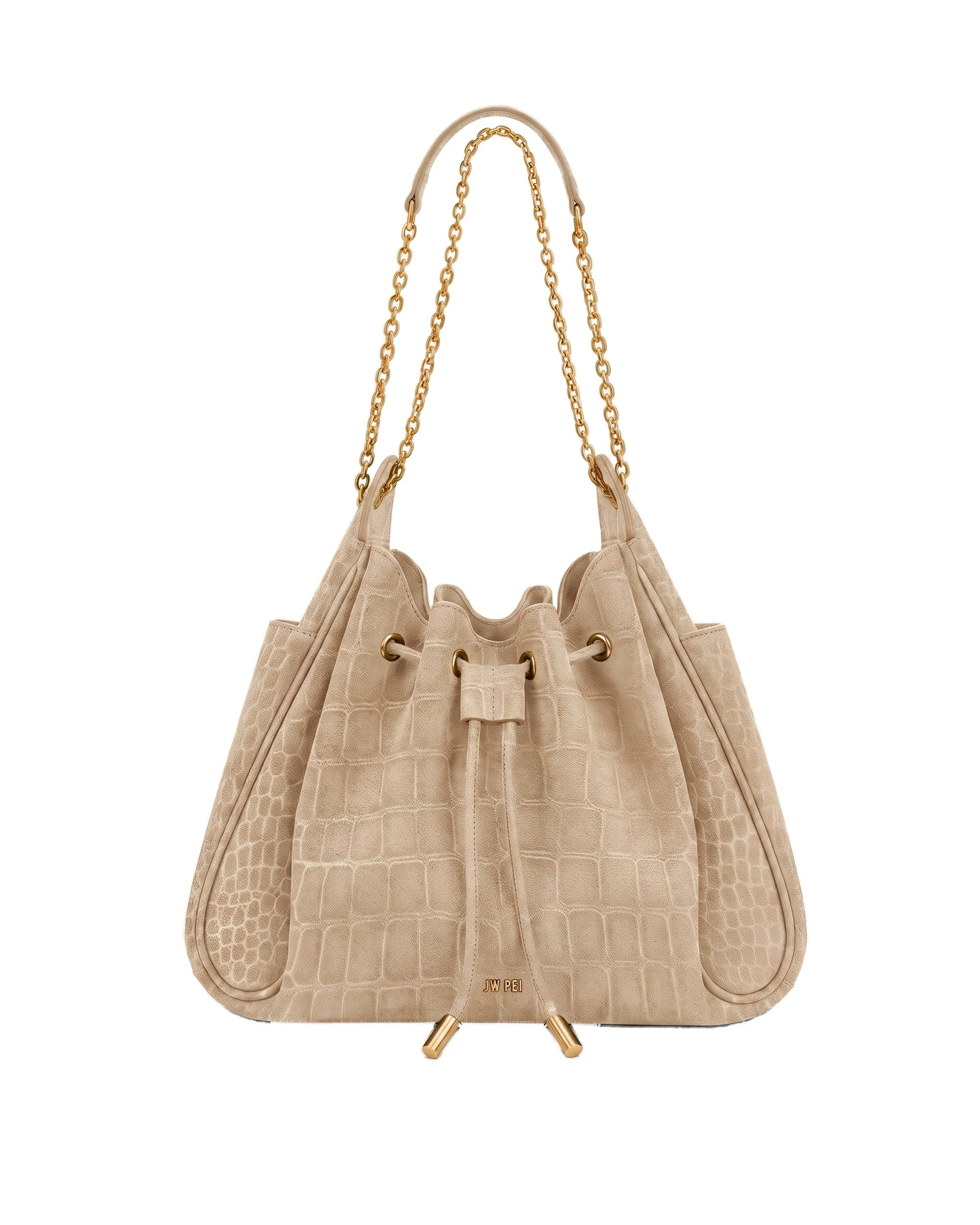 JW PEI Rowan Faux Suede Drawstring Chain Bucket Bag in Camel Croc | Bucket Bags | Luxury Shoes JW PEI Rowan Faux Suede Drawstring Chain Bucket Bag in Camel Croc