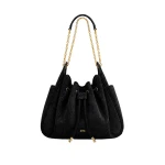 JW PEI Rowan Faux Suede Drawstring Chain Bucket Bag in Cool Black Croc