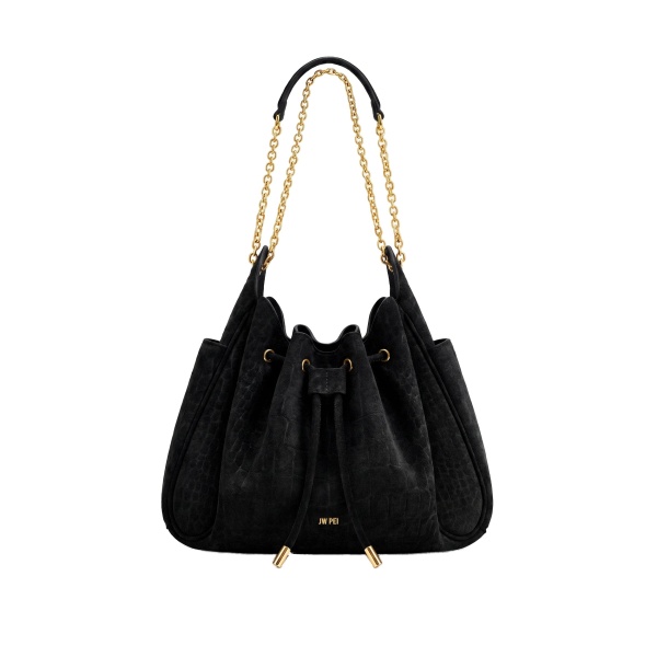 JW PEI Rowan Faux Suede Drawstring Chain Bucket Bag in Cool Black Croc