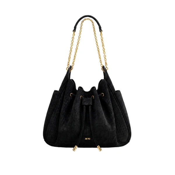 JW PEI Rowan Faux Suede Drawstring Chain Bucket Bag in Cool Black Croc