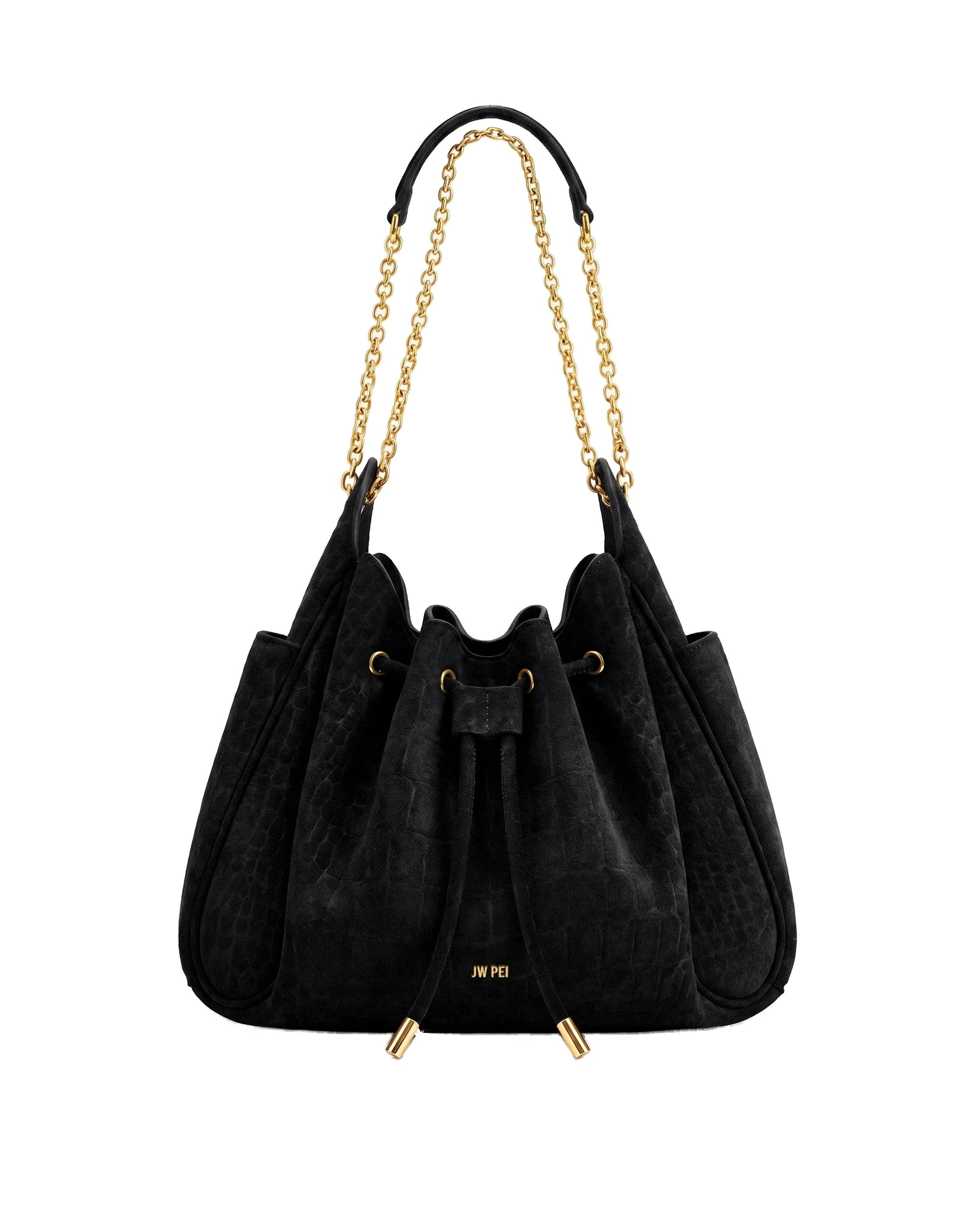 JW PEI Rowan Faux Suede Drawstring Chain Bucket Bag in Cool Black Croc | Bucket Bags | Luxury Shoes JW PEI Rowan Faux Suede Drawstring Chain Bucket Bag in Cool Black Croc