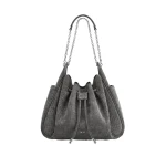 JW PEI Rowan Faux Suede Drawstring Chain Bucket Bag in Smog Gray Croc