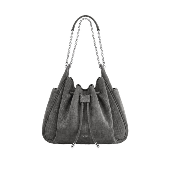 JW PEI Rowan Faux Suede Drawstring Chain Bucket Bag in Smog Gray Croc