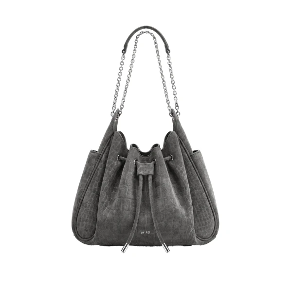 JW PEI Rowan Faux Suede Drawstring Chain Bucket Bag in Smog Gray Croc