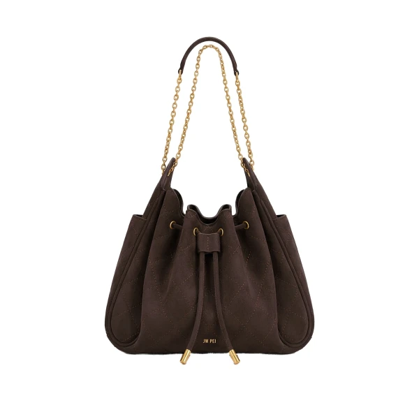 JW PEI Rowan Faux Suede Quilted Chain Bucket Bag in Dark Brown
