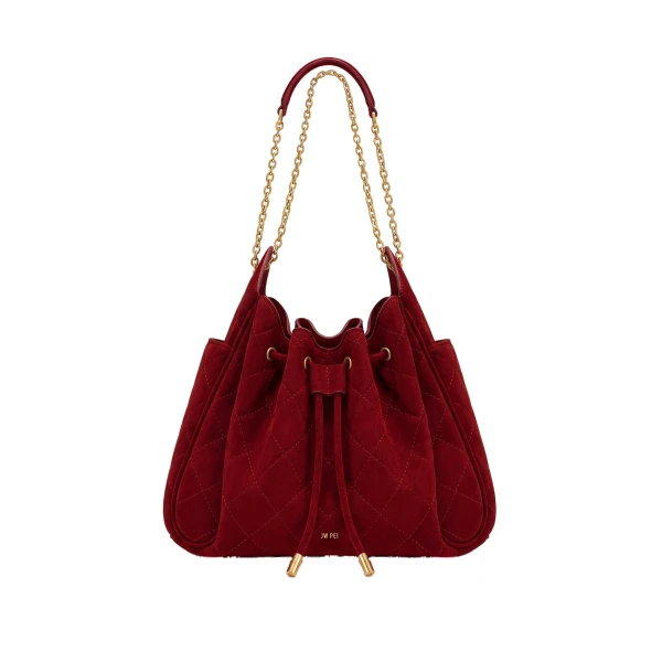 JW PEI Rowan Faux Suede Quilted Chain Bucket Bag in Dark Red