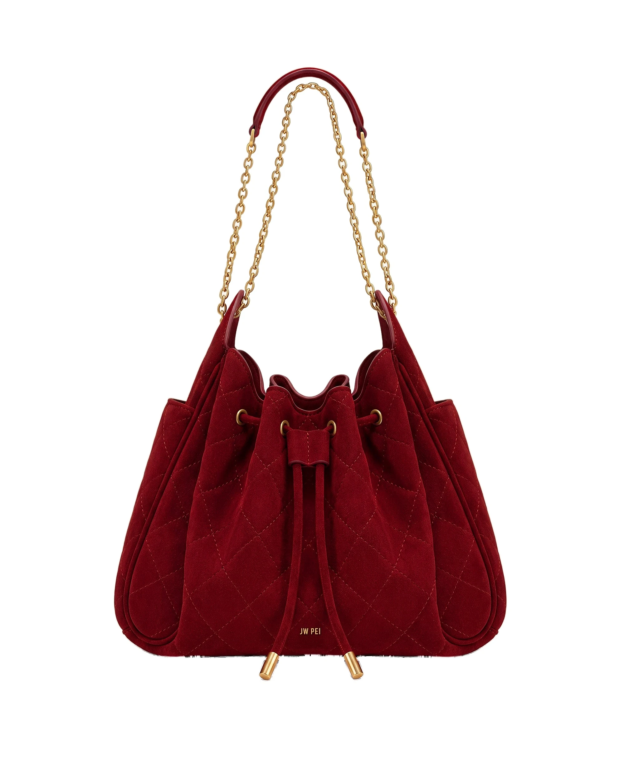 JW PEI Rowan Faux Suede Quilted Chain Bucket Bag in Dark Red | Bucket Bags | Luxury Shoes JW PEI Rowan Faux Suede Quilted Chain Bucket Bag in Dark Red