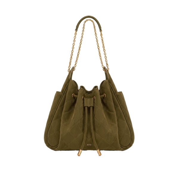 JW PEI Rowan Faux Suede Quilted Chain Bucket Bag in Olive Green