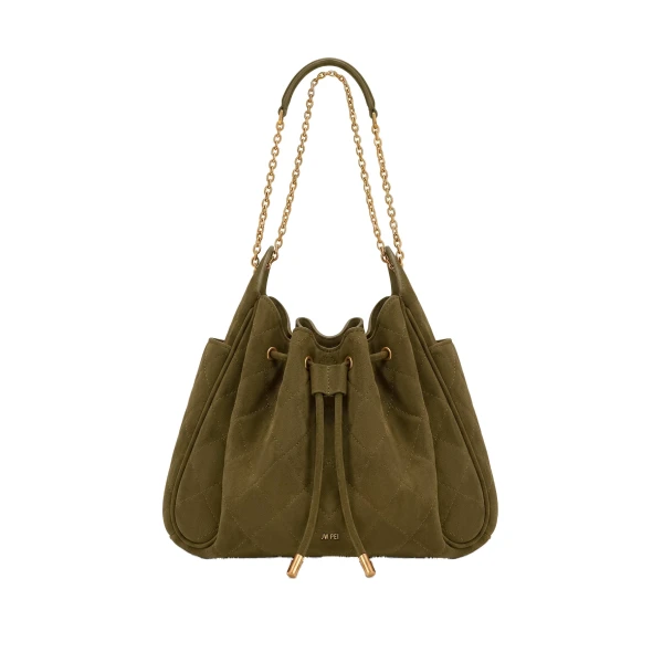 JW PEI Rowan Faux Suede Quilted Chain Bucket Bag in Olive Green