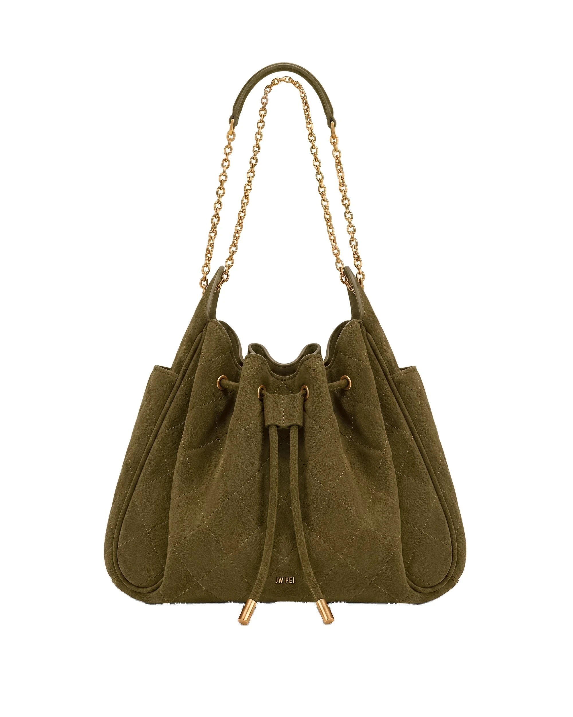 JW PEI Rowan Faux Suede Quilted Chain Bucket Bag in Olive Green | Bucket Bags | Luxury Shoes JW PEI Rowan Faux Suede Quilted Chain Bucket Bag in Olive Green