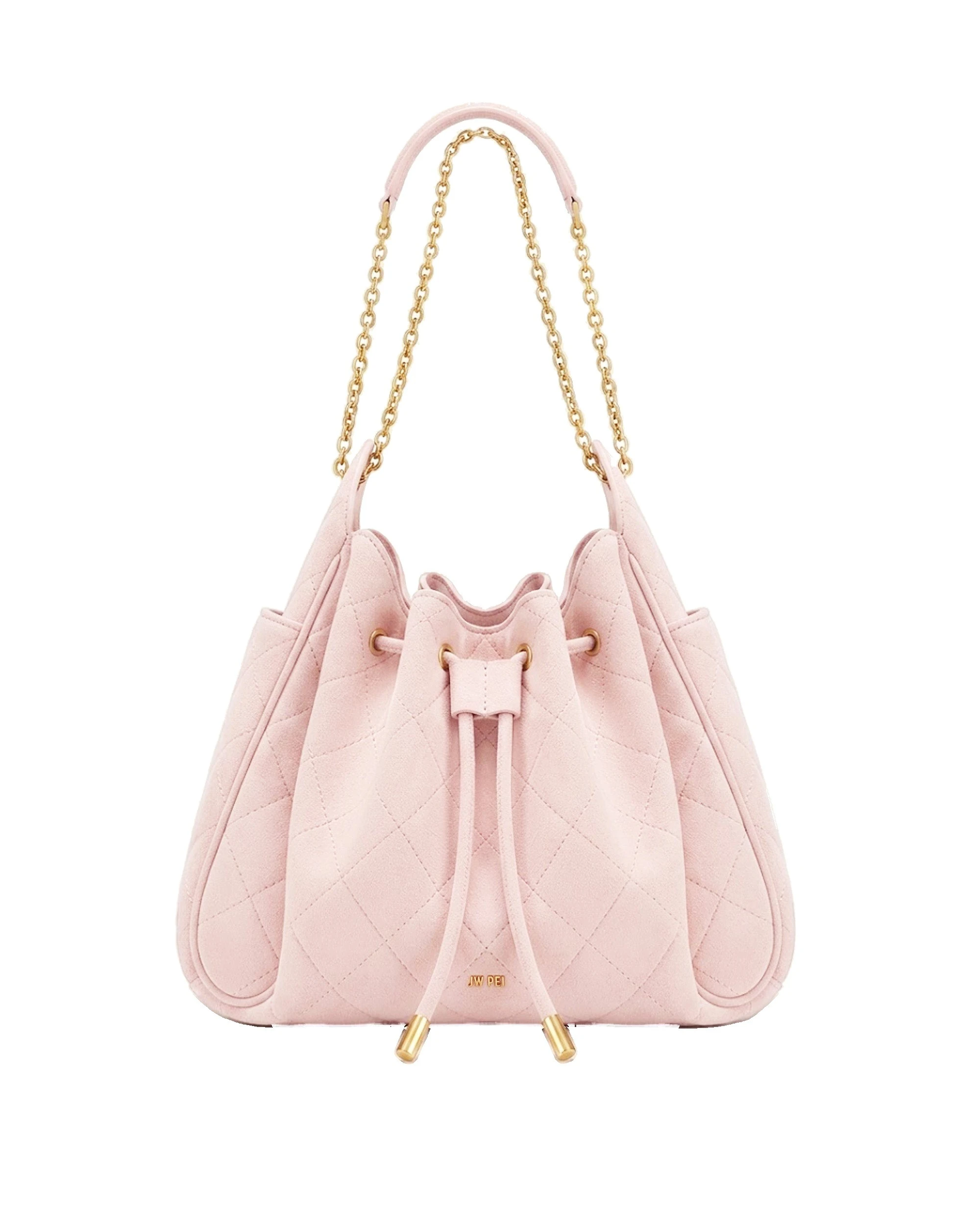 JW PEI Rowan Faux Suede Quilted Chain Bucket Bag in Pink | Bucket Bags | Luxury Shoes JW PEI Rowan Faux Suede Quilted Chain Bucket Bag in Pink