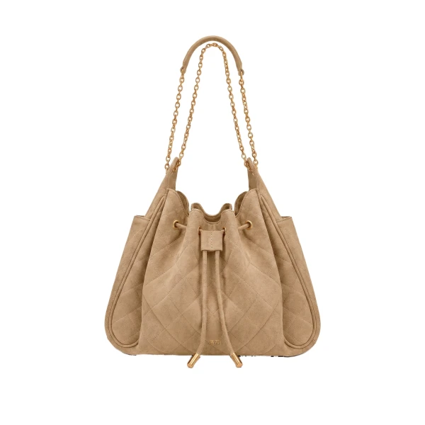 JW PEI Rowan Faux Suede Quilting Ruched Drawstring Chain Bucket Bag in Coconut Brown