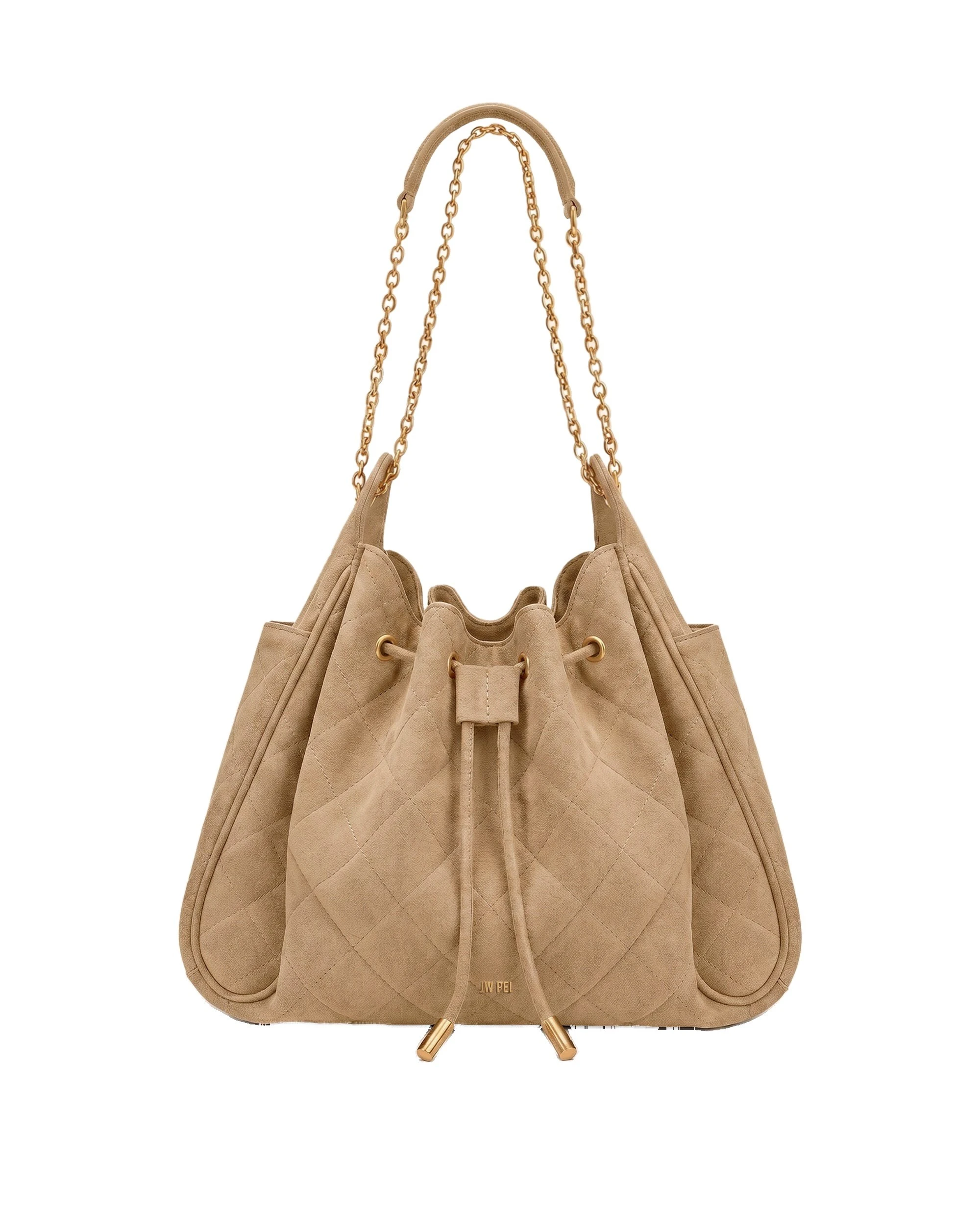 JW PEI Rowan Faux Suede Quilting Ruched Drawstring Chain Bucket Bag in Coconut Brown | Bucket Bags | Luxury Shoes JW PEI Rowan Faux Suede Quilting Ruched Drawstring Chain Bucket Bag in Coconut Brown