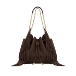 JW PEI Rowan Faux Suede Tassel Ruched Drawstring Chain Bucket Bag in Amber Brown