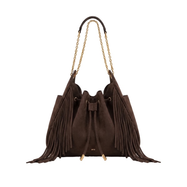 JW PEI Rowan Faux Suede Tassel Ruched Drawstring Chain Bucket Bag in Amber Brown