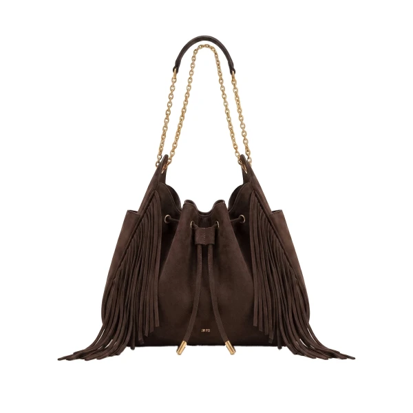 JW PEI Rowan Faux Suede Tassel Ruched Drawstring Chain Bucket Bag in Amber Brown