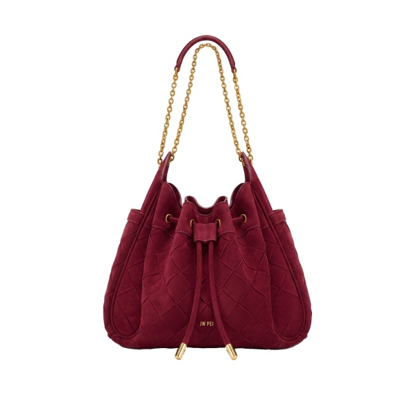 JW PEI Rowan Faux Suede Weaving Ruched Drawstring Chain Bucket Bag in Dark Cherry