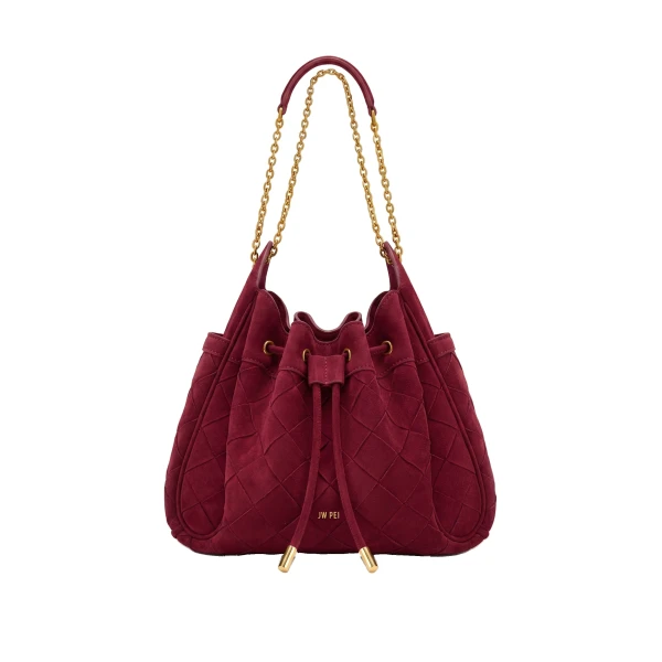 JW PEI Rowan Faux Suede Weaving Ruched Drawstring Chain Bucket Bag in Dark Cherry