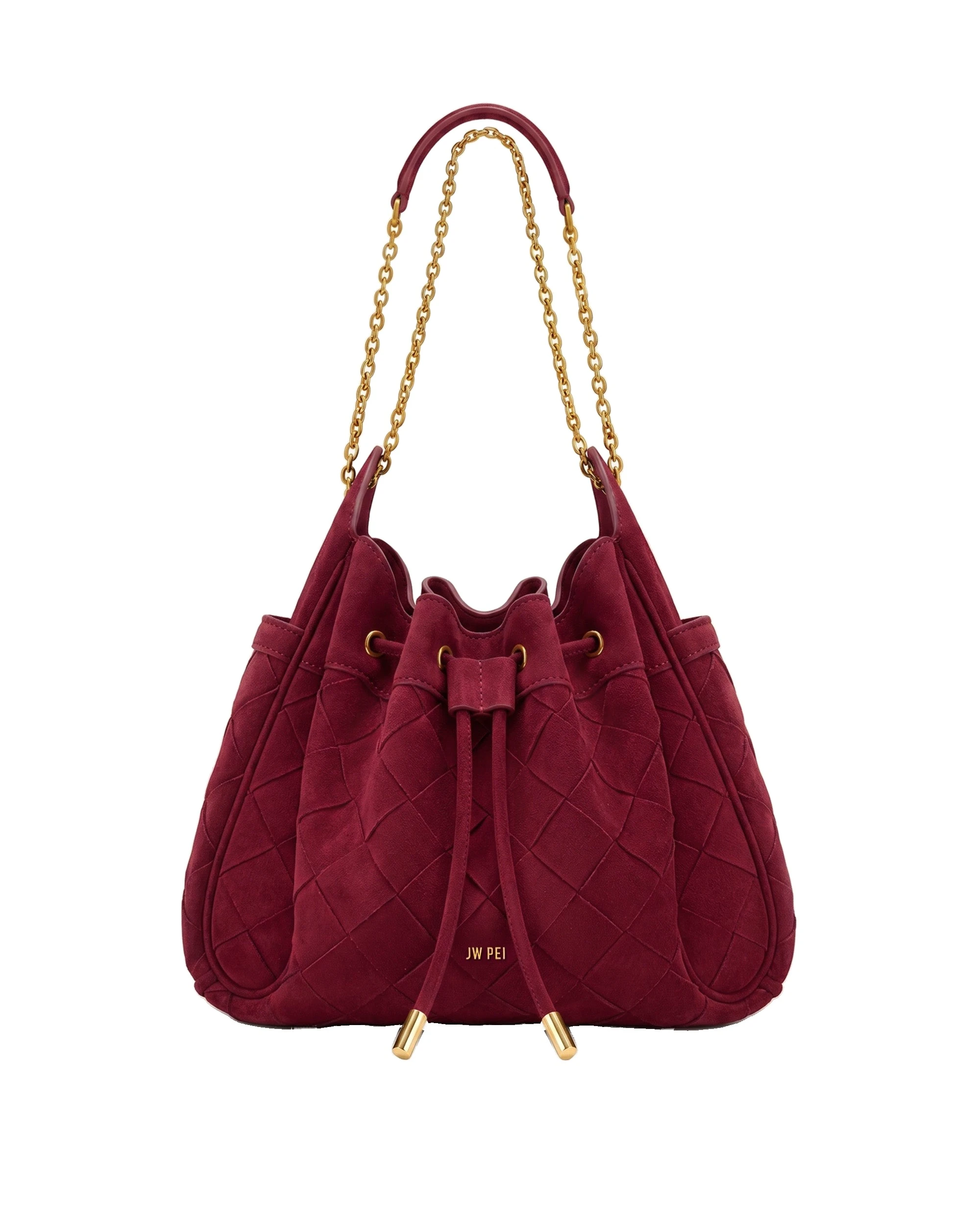 JW PEI Rowan Faux Suede Weaving Ruched Drawstring Chain Bucket Bag in Dark Cherry | Bucket Bags | Luxury Shoes JW PEI Rowan Faux Suede Weaving Ruched Drawstring Chain Bucket Bag in Dark Cherry