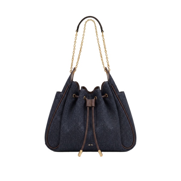 JW PEI Rowan Ruched Drawstring Chain Bucket Bag in Black Blue Denim