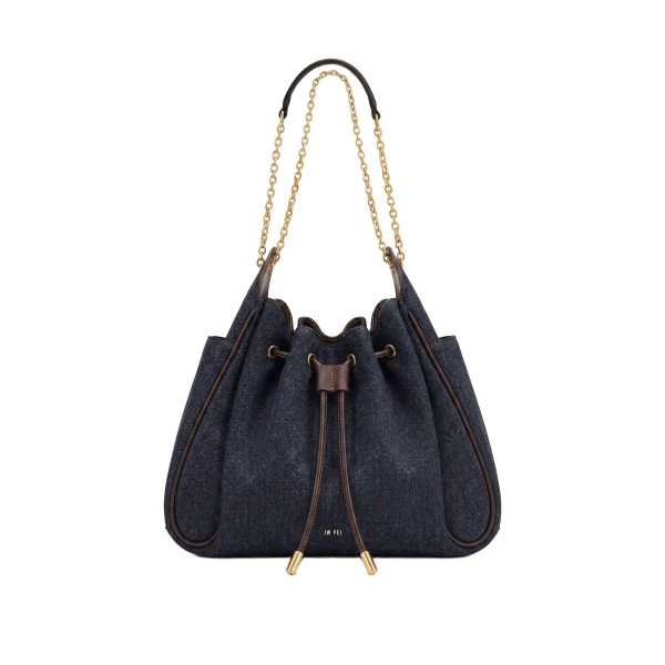 JW PEI Rowan Ruched Drawstring Chain Bucket Bag in Black Blue Denim