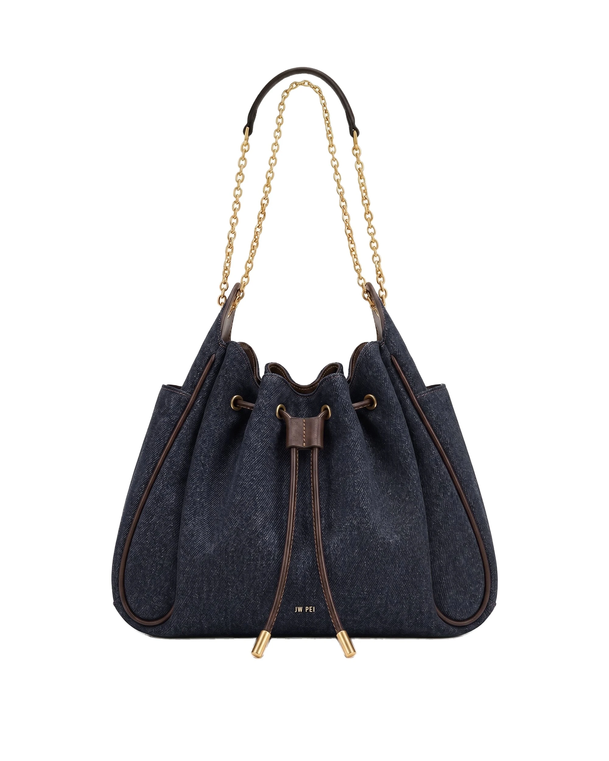 JW PEI Rowan Ruched Drawstring Chain Bucket Bag in Black Blue Denim | Bucket Bags | Luxury Shoes JW PEI Rowan Ruched Drawstring Chain Bucket Bag in Black Blue Denim