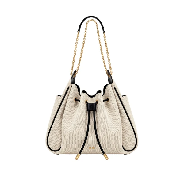 JW PEI Rowan Ruched Drawstring Chain Bucket Bag in Black Canvas