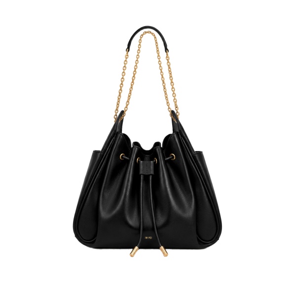 JW PEI Rowan Ruched Drawstring Chain Bucket Bag in Black