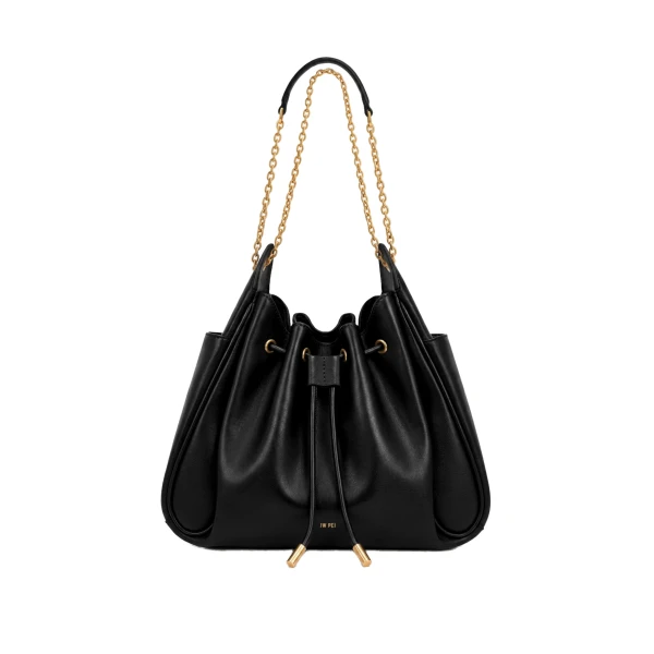 JW PEI Rowan Ruched Drawstring Chain Bucket Bag in Black