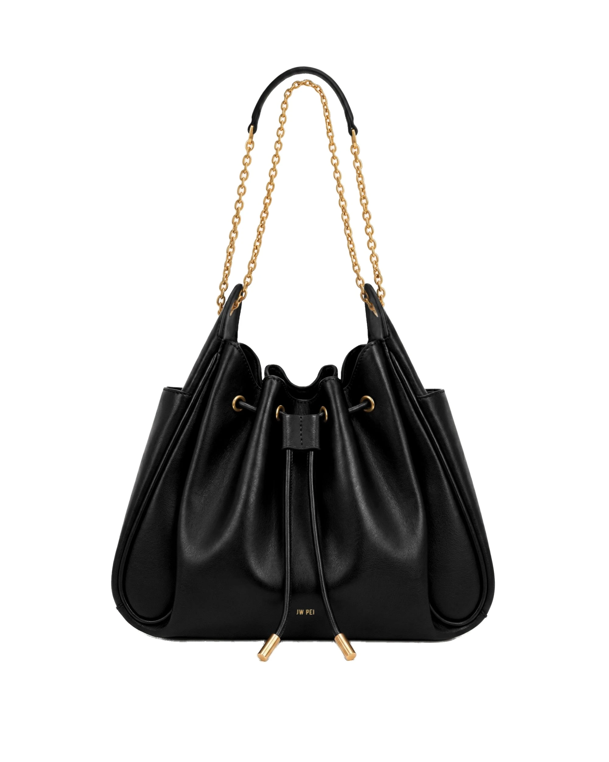 JW PEI Rowan Ruched Drawstring Chain Bucket Bag in Black | Bucket Bags | Luxury Shoes JW PEI Rowan Ruched Drawstring Chain Bucket Bag in Black