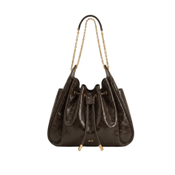 JW PEI Rowan Ruched Drawstring Chain Bucket Bag in Chestnut Brown