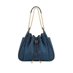 JW PEI Rowan Ruched Drawstring Chain Bucket Bag in Dark Blue Denim