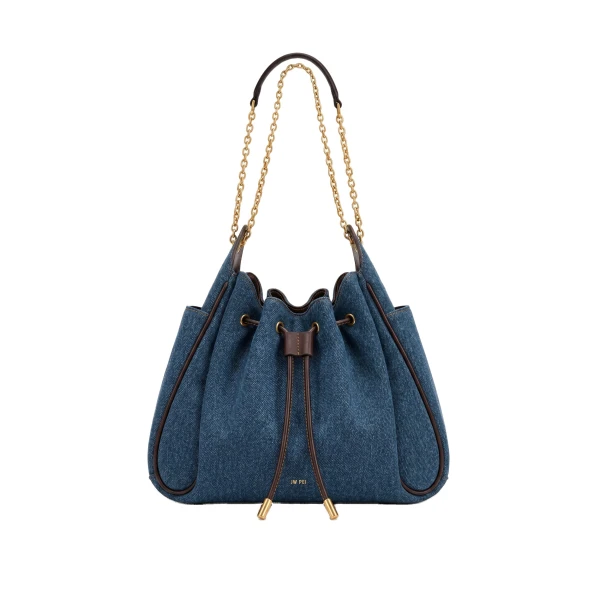 JW PEI Rowan Ruched Drawstring Chain Bucket Bag in Dark Blue Denim
